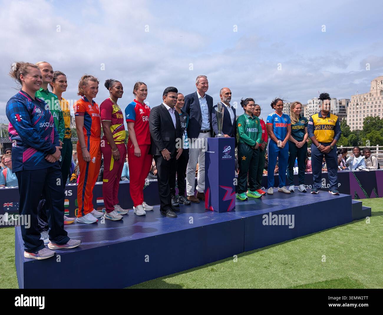 London, UK. June 07, 2026: Jay Shah, Sanjog Gupta & Phil Tufnell at the  Captains' Carnival at Waterloo Bridge ahead of ICC Women's T20 World Cup 2026. - Smartphone Captured Stock Image