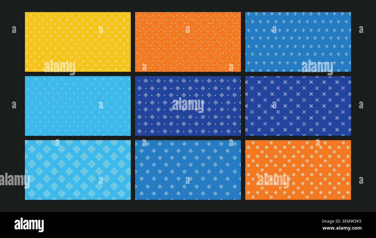 A vibrant set of small-scale geometric motifs in bold blue, orange, and yellow tones. Perfect for kids' projects, branding, packaging, and modern visual compositions. Stock Vector