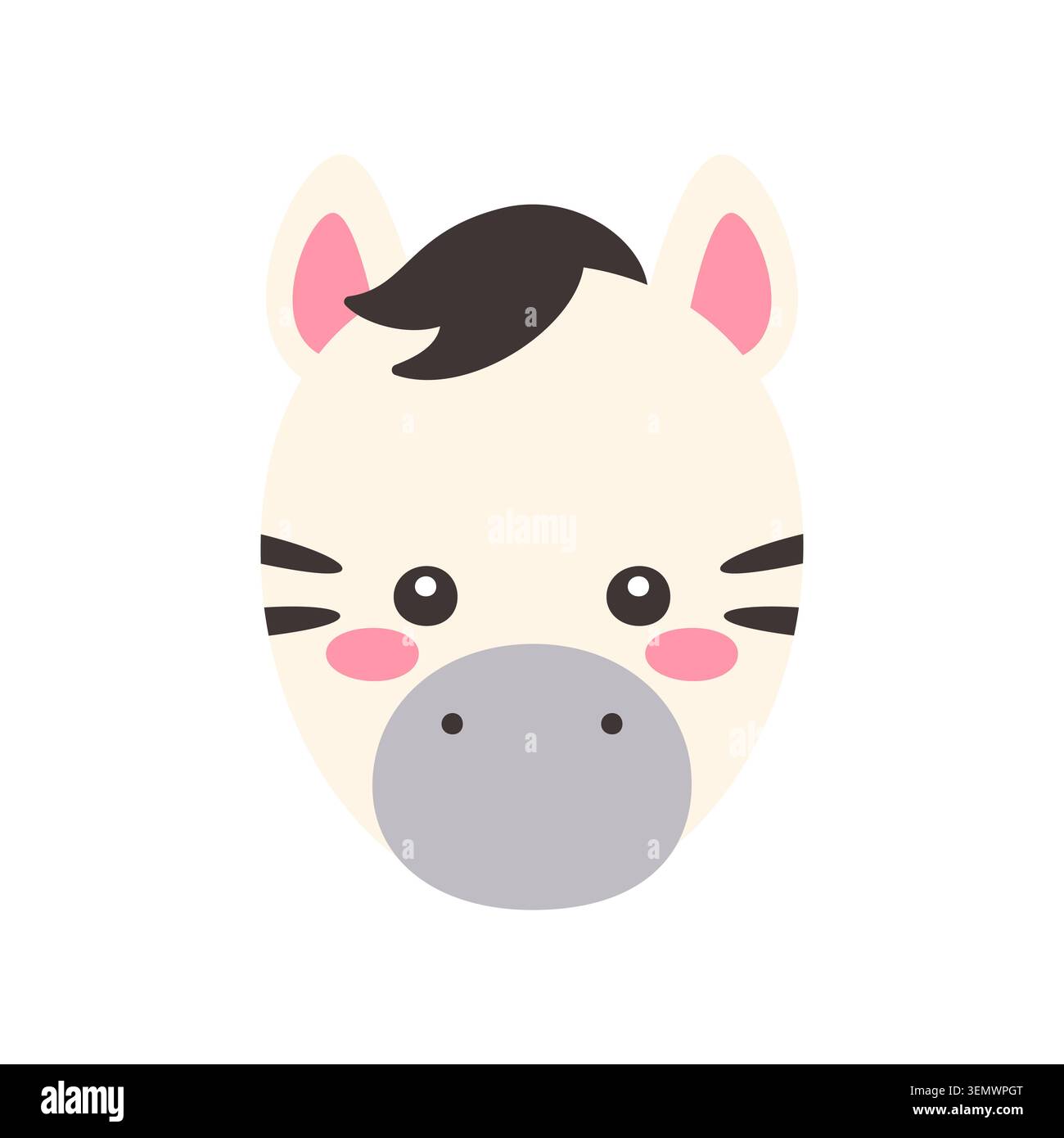 Cute Kawaii Zebra Face Flat Vector Illustration on White Background Stock Vector