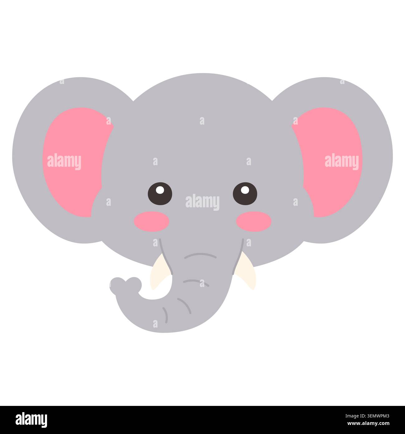 Cute Kawaii Elephant Face Flat Vector Illustration on White Background Stock Vector