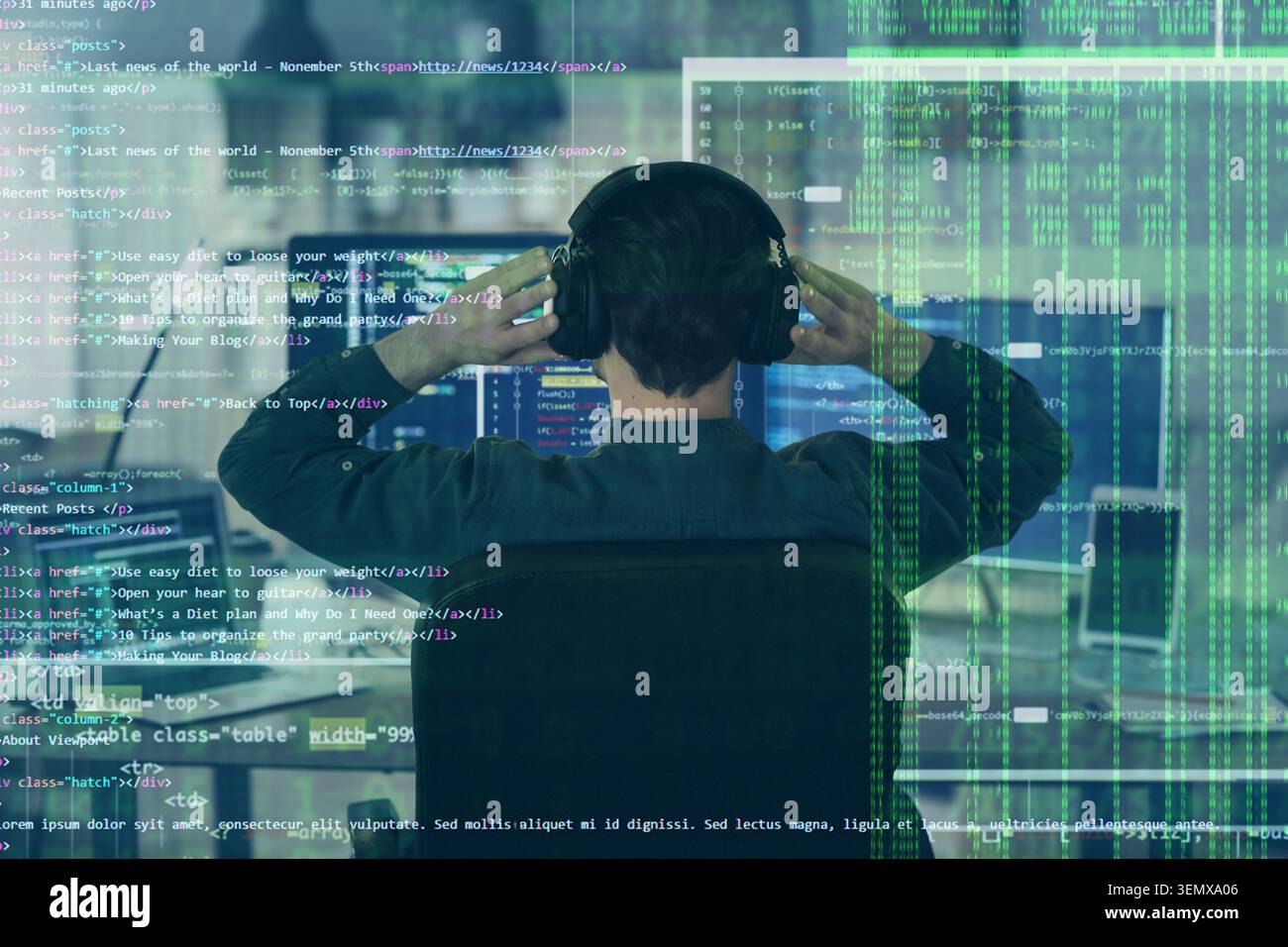 Software developer wearing headphones coding on computer screen with digital overlay programming and cybersecurity, this image cybersecurity data prot Stock Photo