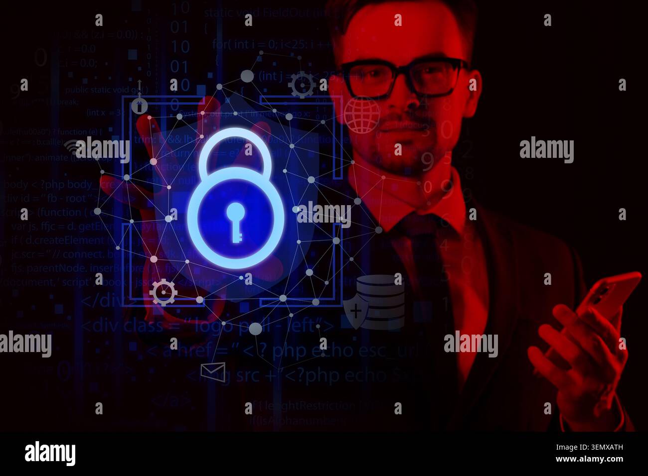 Cybersecurity data protection with business professional and digital lock icon on abstract code background, the background features abstract programmi Stock Photo