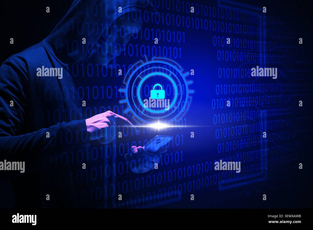 Cybersecurity data protection with hacker using smartphone and digital lock icon on binary code background, the background features binary code, inter Stock Photo