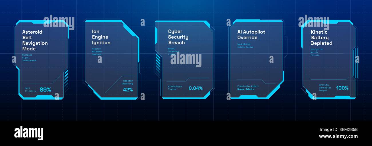 Cyberpunk game interface frame featuring advanced tech panels, holographic HUD elements and neon blue borders for immersive digital screen layouts and futuristic control systems Stock Vector