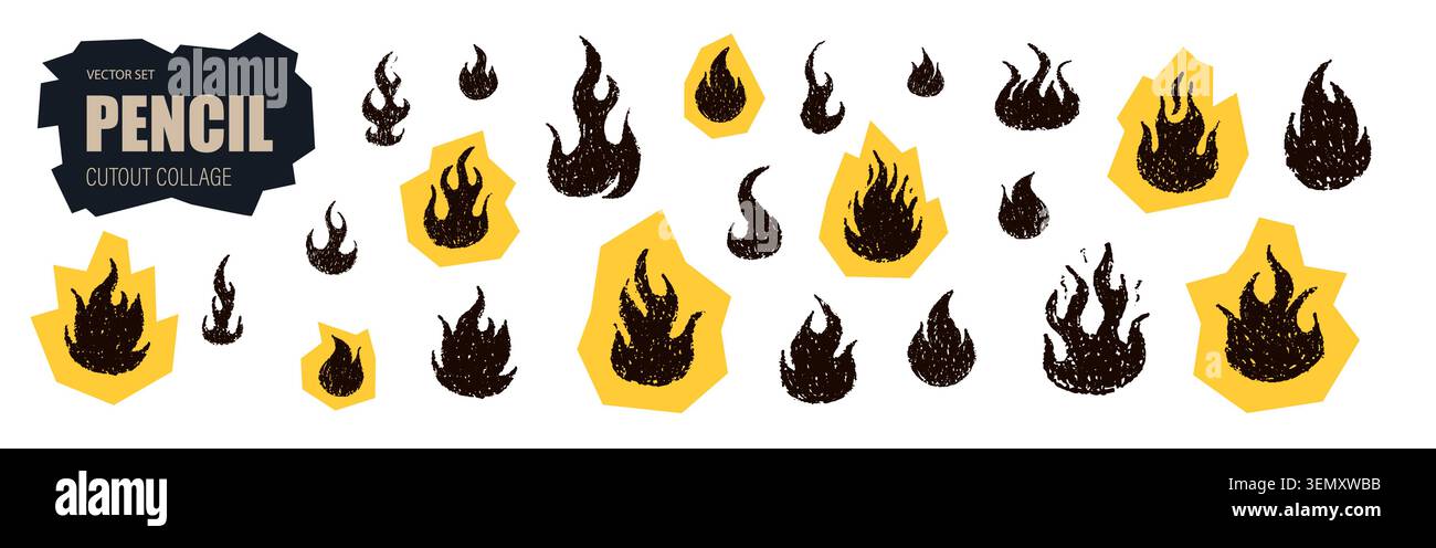 Crayon fire. Large collection of different flame icons. Vector collage of scrapbook paper Stock Vector