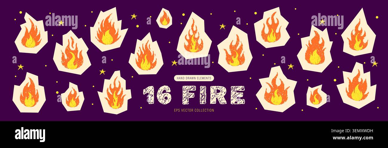 Crayon fire. Burning pencil flame. Vector set. Scrapbook cutout stickers Stock Vector