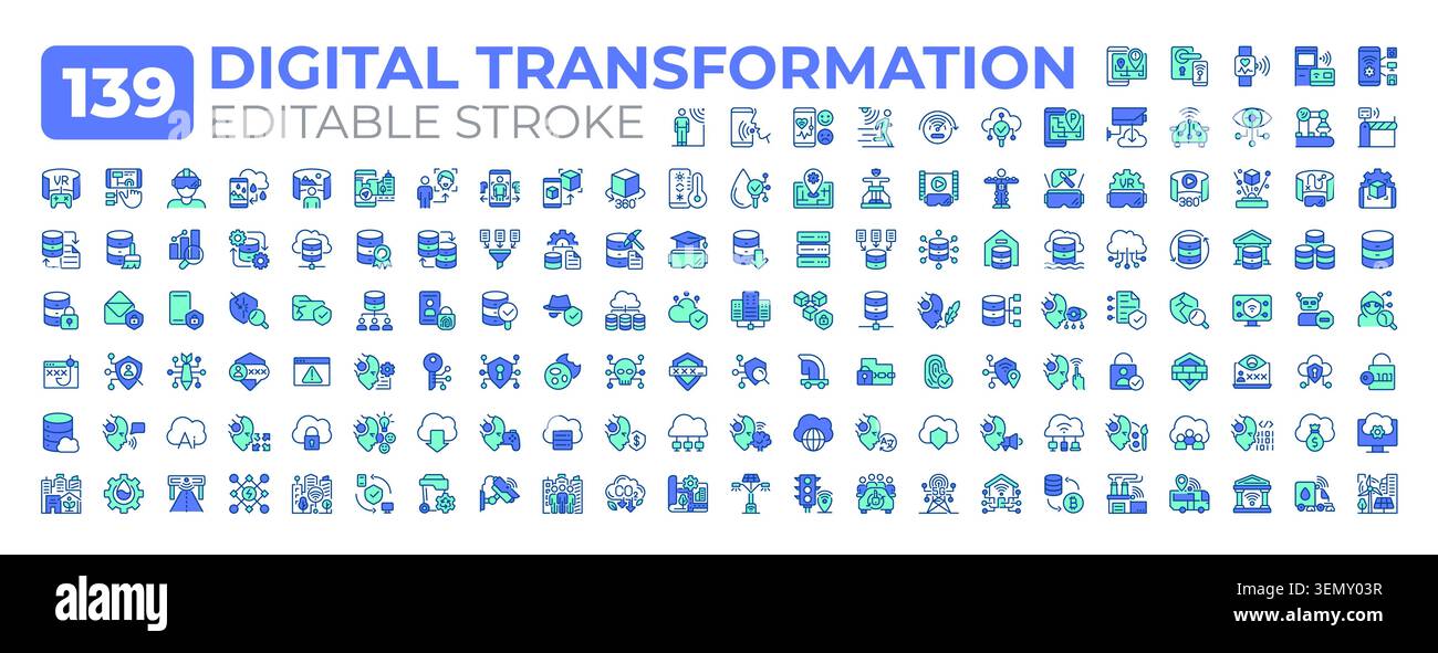 Digital transformation line icons big set Stock Vector