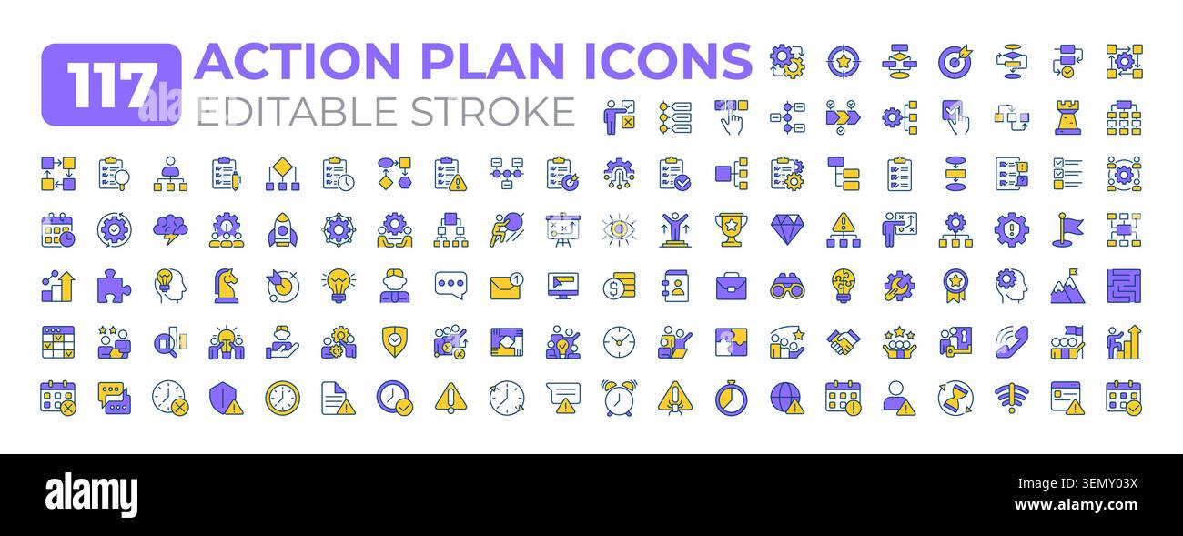 Action plan line icons big set Stock Vector