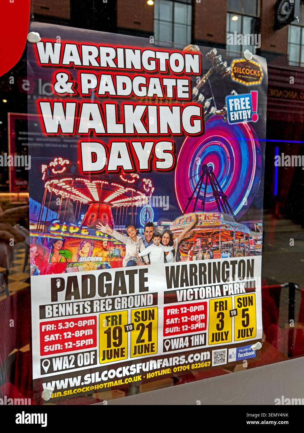 Warrington & Padgate Walking Days fair poster advertising Silcock’s fairs at Bennett’s Rec and Victoria Park in summer 2026. Stock Photo