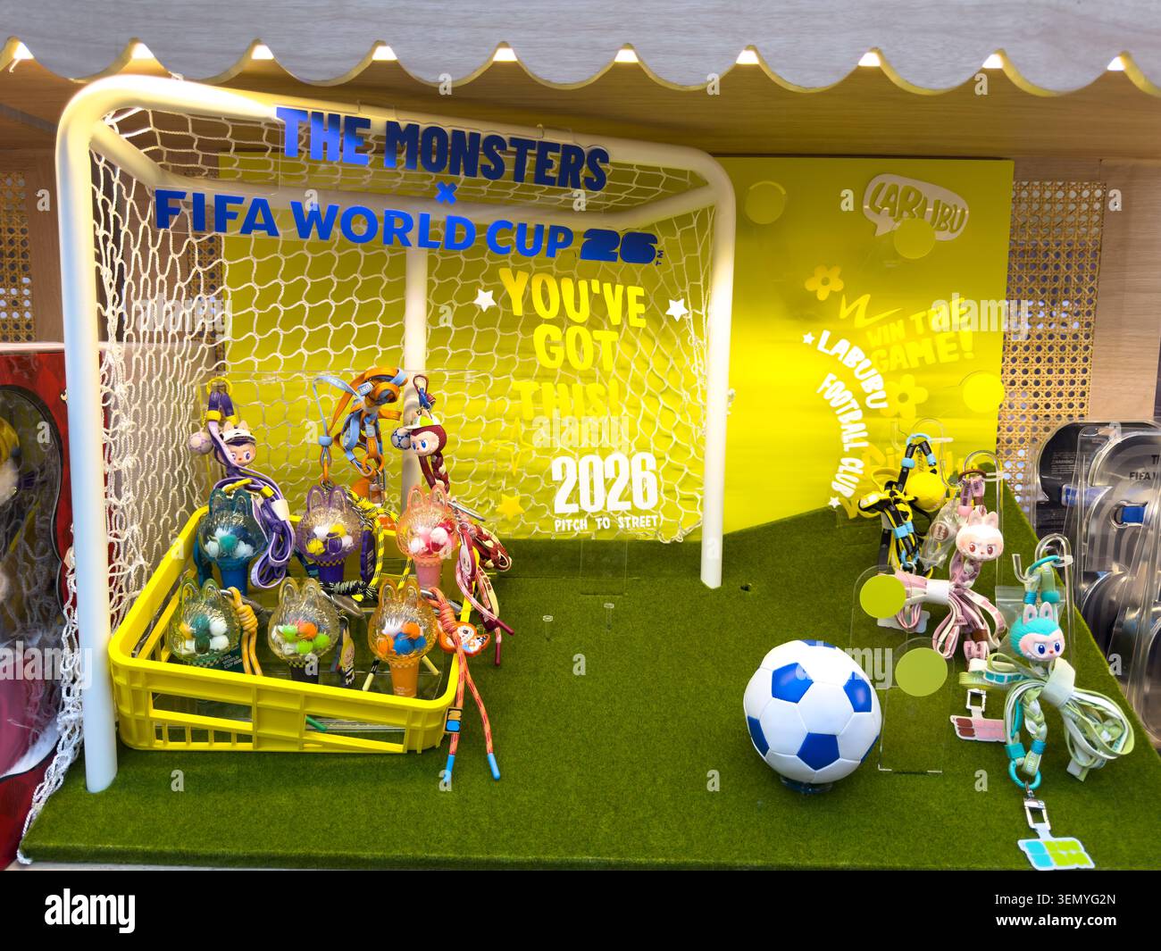 POP MART The Monsters x FIFA World Cup 2026 merchandise display ...