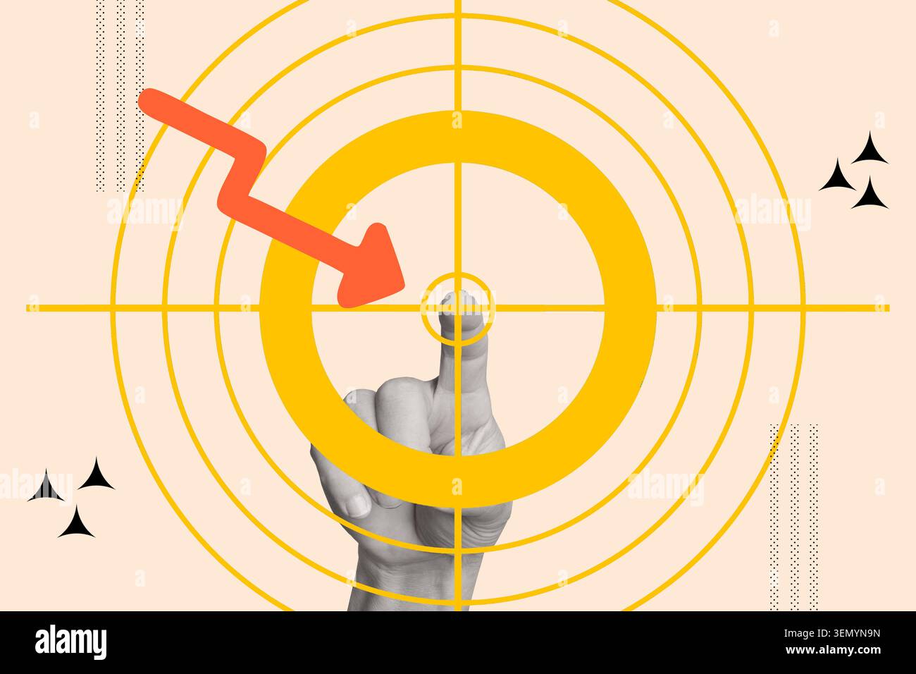 Collage of a man hand doing push button gesture on a blue target with a red arrow on a pink background Stock Photo
