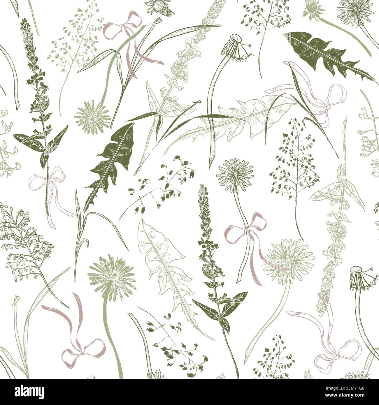 Silhouette and outline dandelions and grass tied with pink ribbons vector seamless pattern hand drawn . Floral sketch background vintage style. Spring Stock Vector