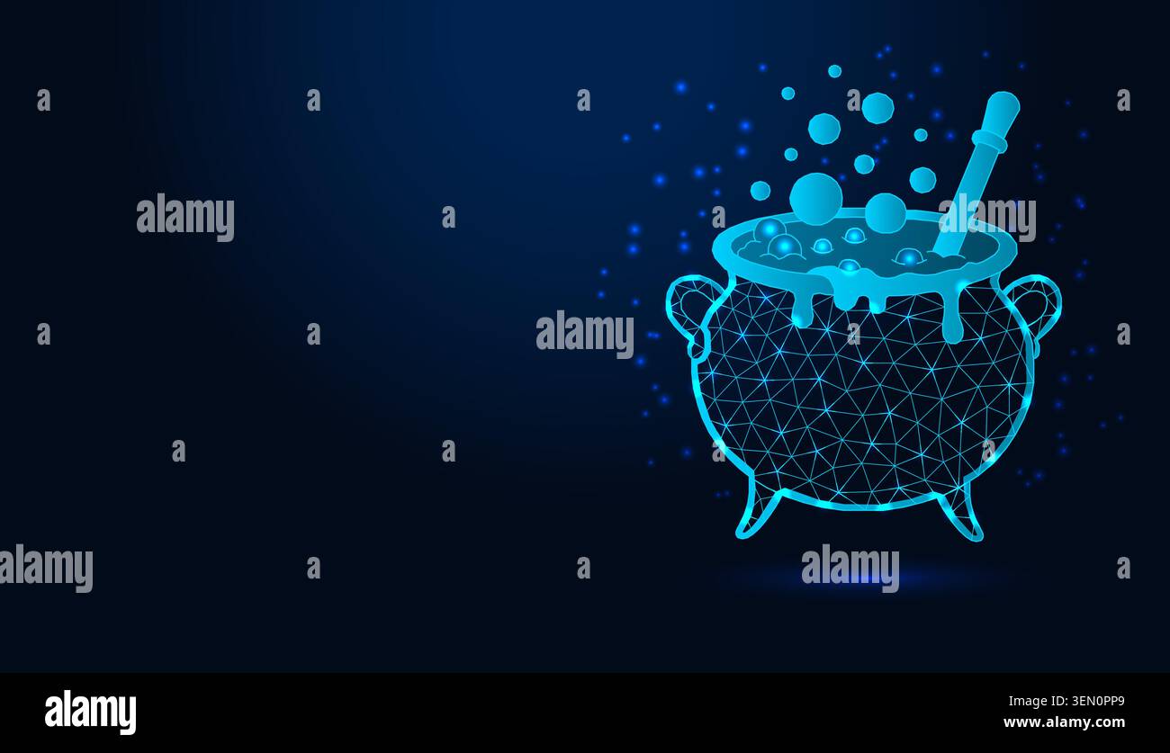 Polygonal low poly wireframe witch cauldron boiling magic potion on dark blue background. Stock Vector