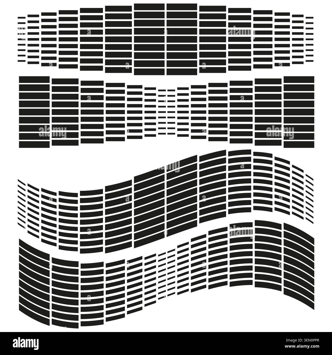 Audio equalizer bars in distorted shapes vector. Design elements represent sound levels and music rhythm for multimedia apps. EPS 10. Stock Vector