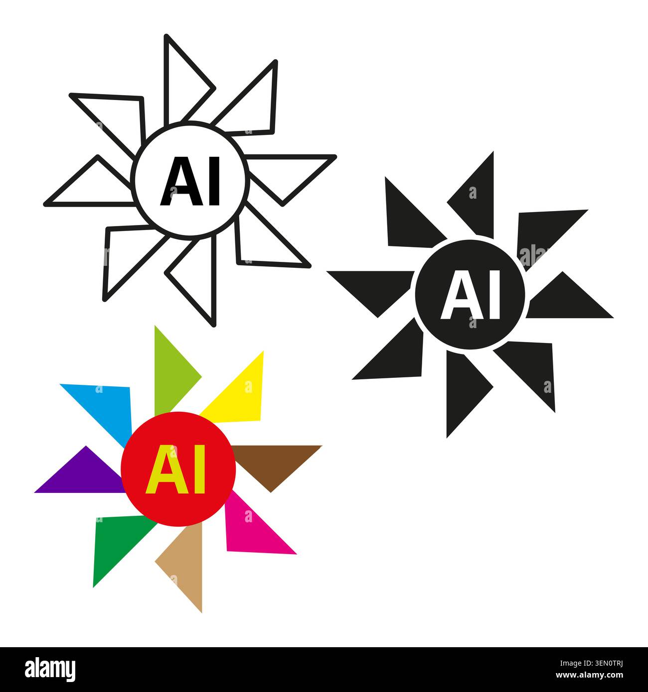 Artificial intelligence sun logo set in multiple styles vector. Graphic supports tech branding and machine learning presentations. EPS 10. Stock Vector