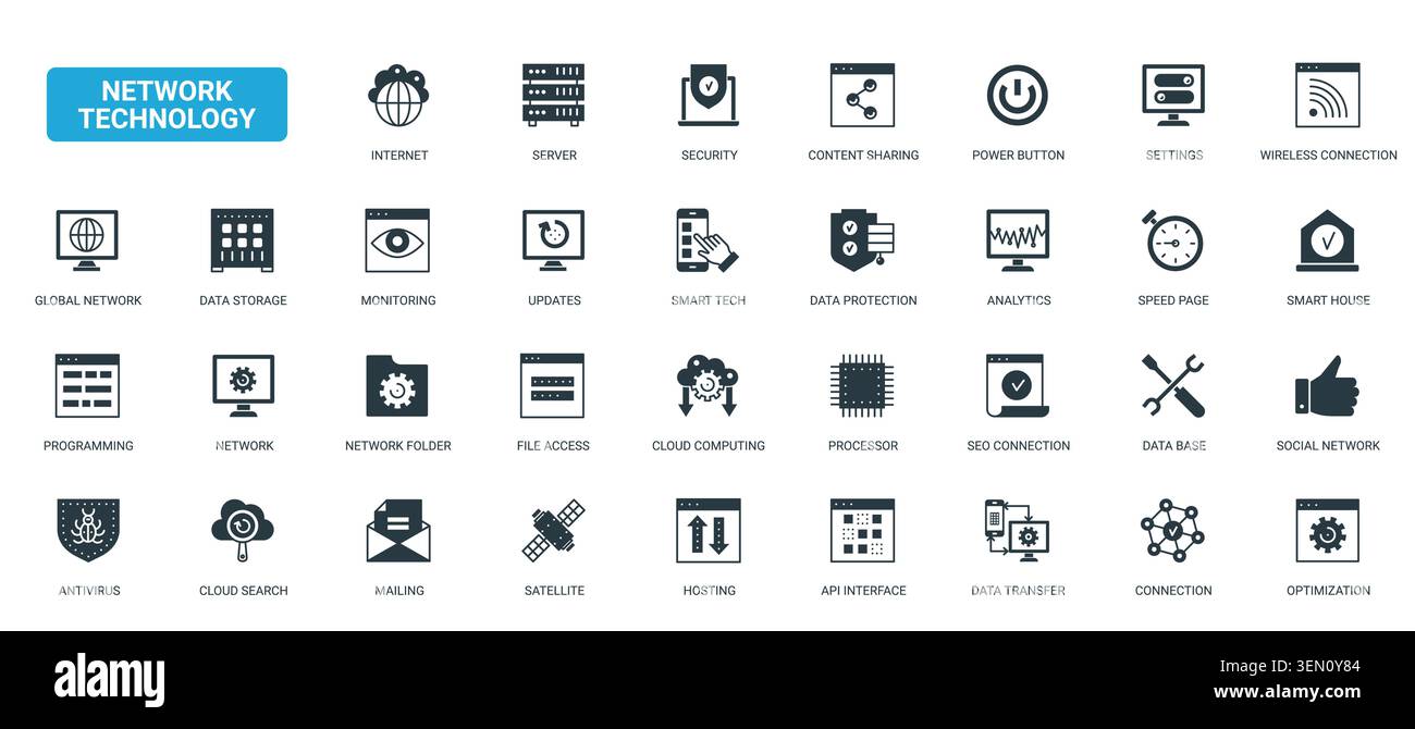 Network technology symbols for internet communication, cloud computing, server security, wireless access and data transfer in digital systems black solid icons set vector illustration Stock Vector