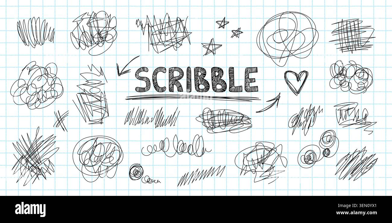 Messy pen doodles and scribbles create chaotic hand-drawn lines vector illustration set. Stock Vector