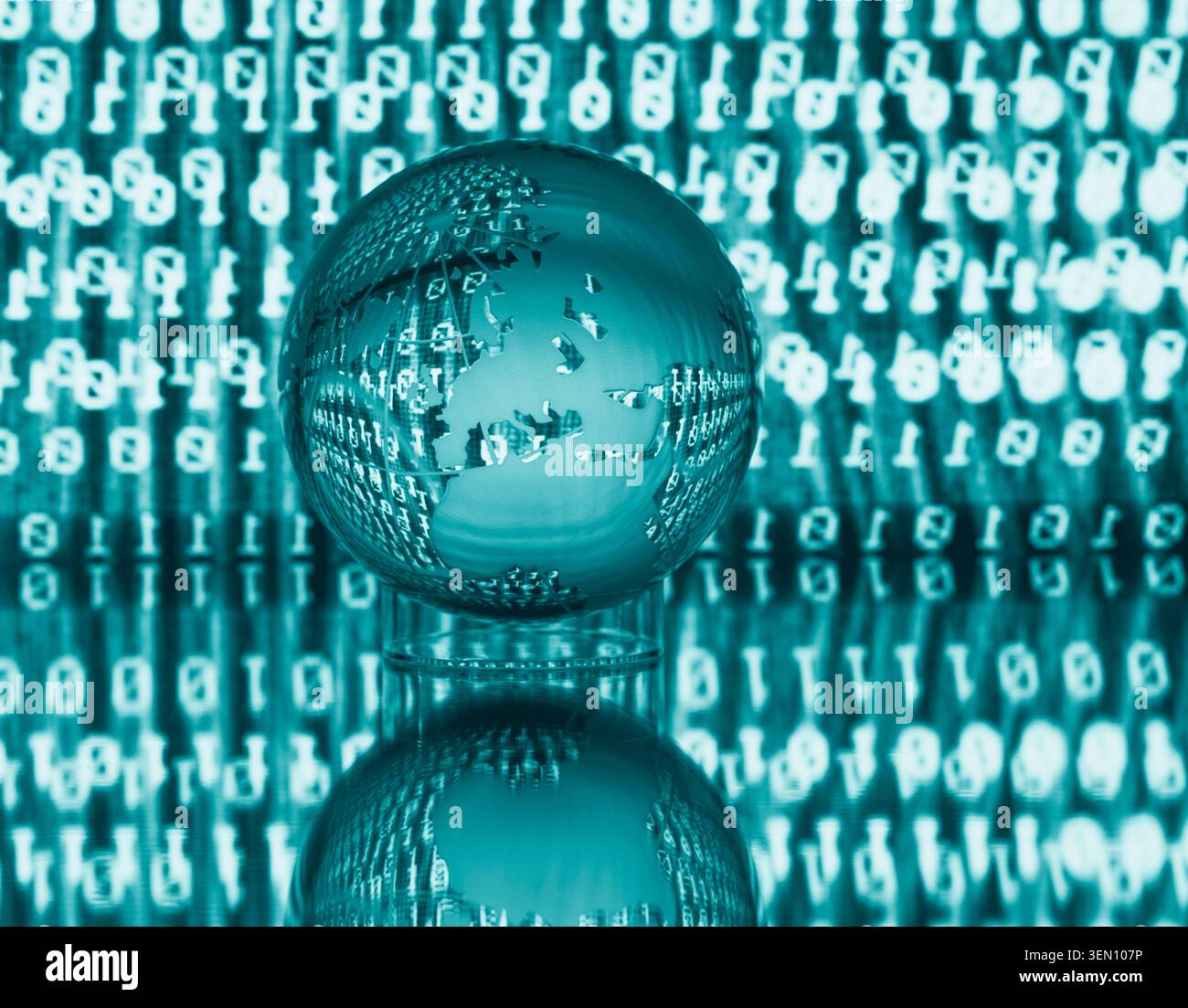 Transparent globe on reflective surface with binary code backdrop in teal hue. Stock Photo