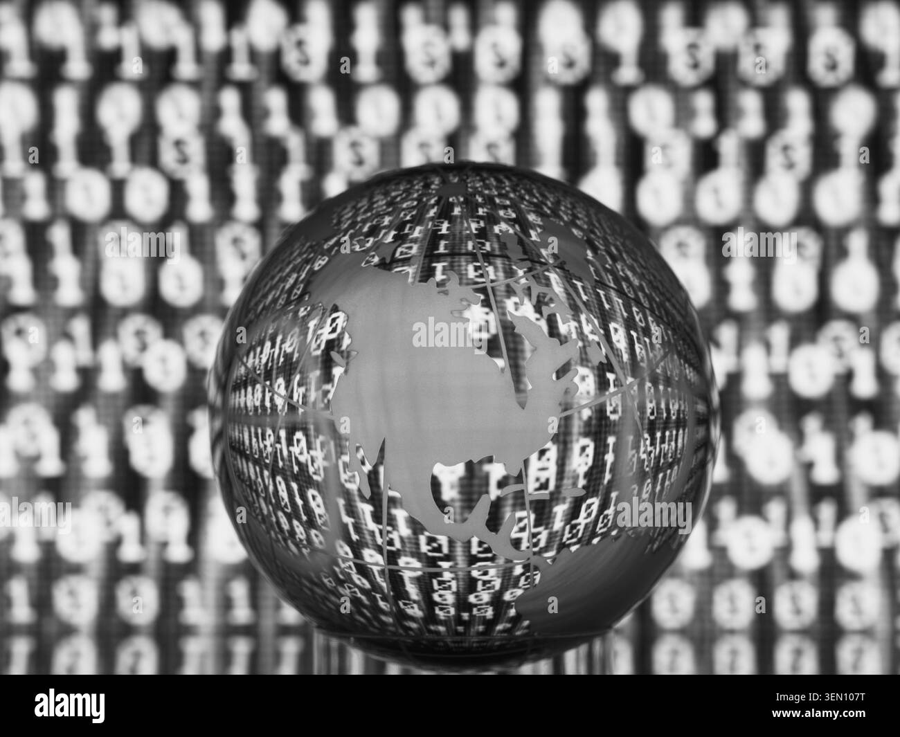 Transparent globe with binary code projected on its surface, in a digital black and white theme. Stock Photo