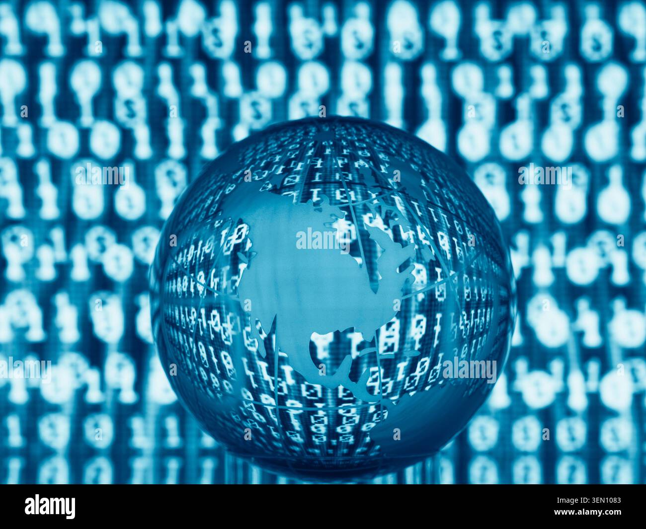 Blue digital globe with binary code overlay on abstract background. Stock Photo