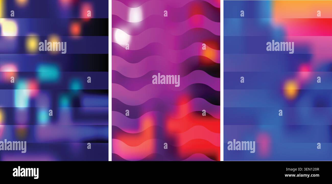 Vibrant abstract backgrounds with blurred gradients and geometric line patterns Stock Vector