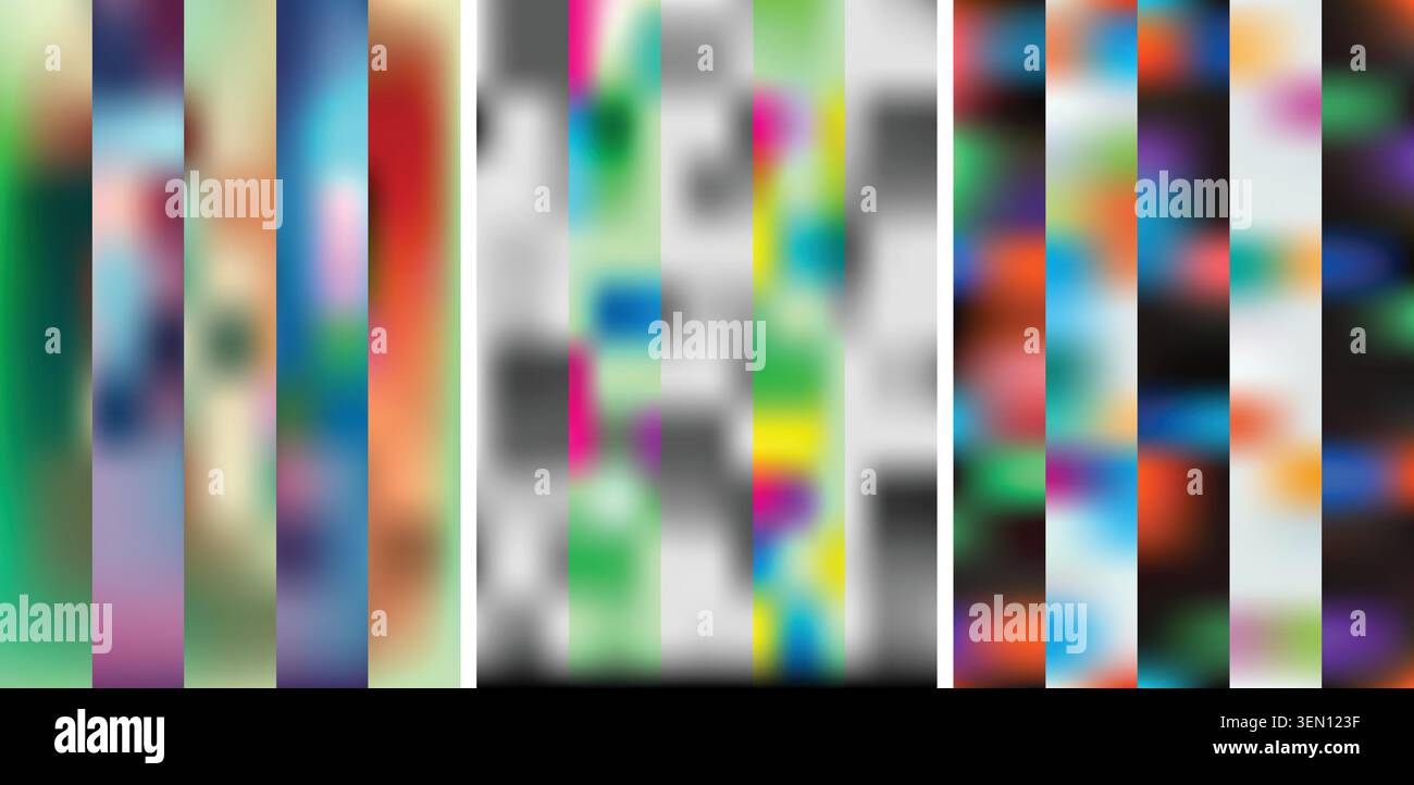 Abstract colorful blurred gradient stripe backgrounds, vertical glitch textures Stock Vector