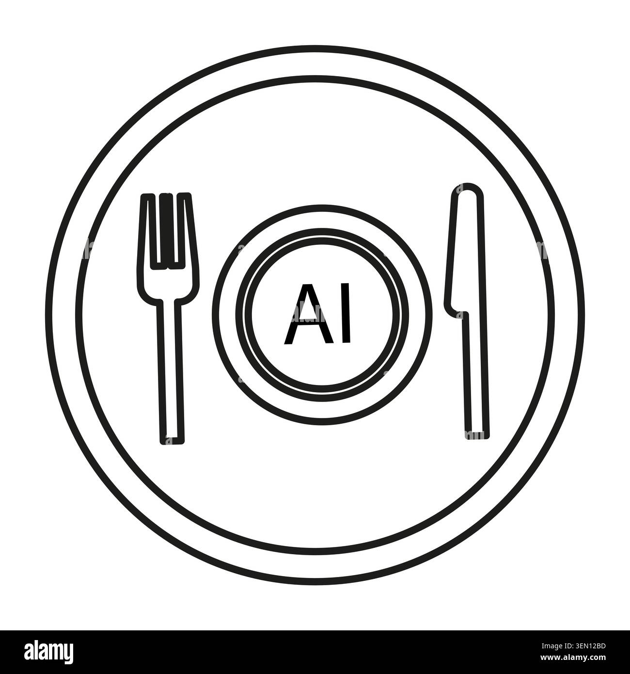 AI served on plate with fork and knife for dinner. Artificial intelligence concept for data consumption and future technology. Stock Vector