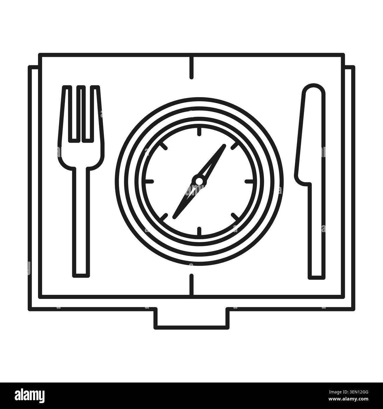 Compass on plate with fork and knife represents food journey. Vector line art icon for travel and dining concepts. Stock Vector