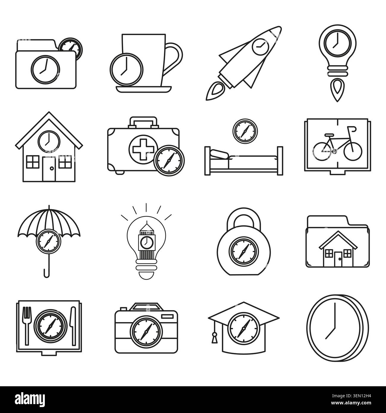 Time management icons for life activities and goals. Vector line art collection shows clocks and compasses with everyday objects. Stock Vector