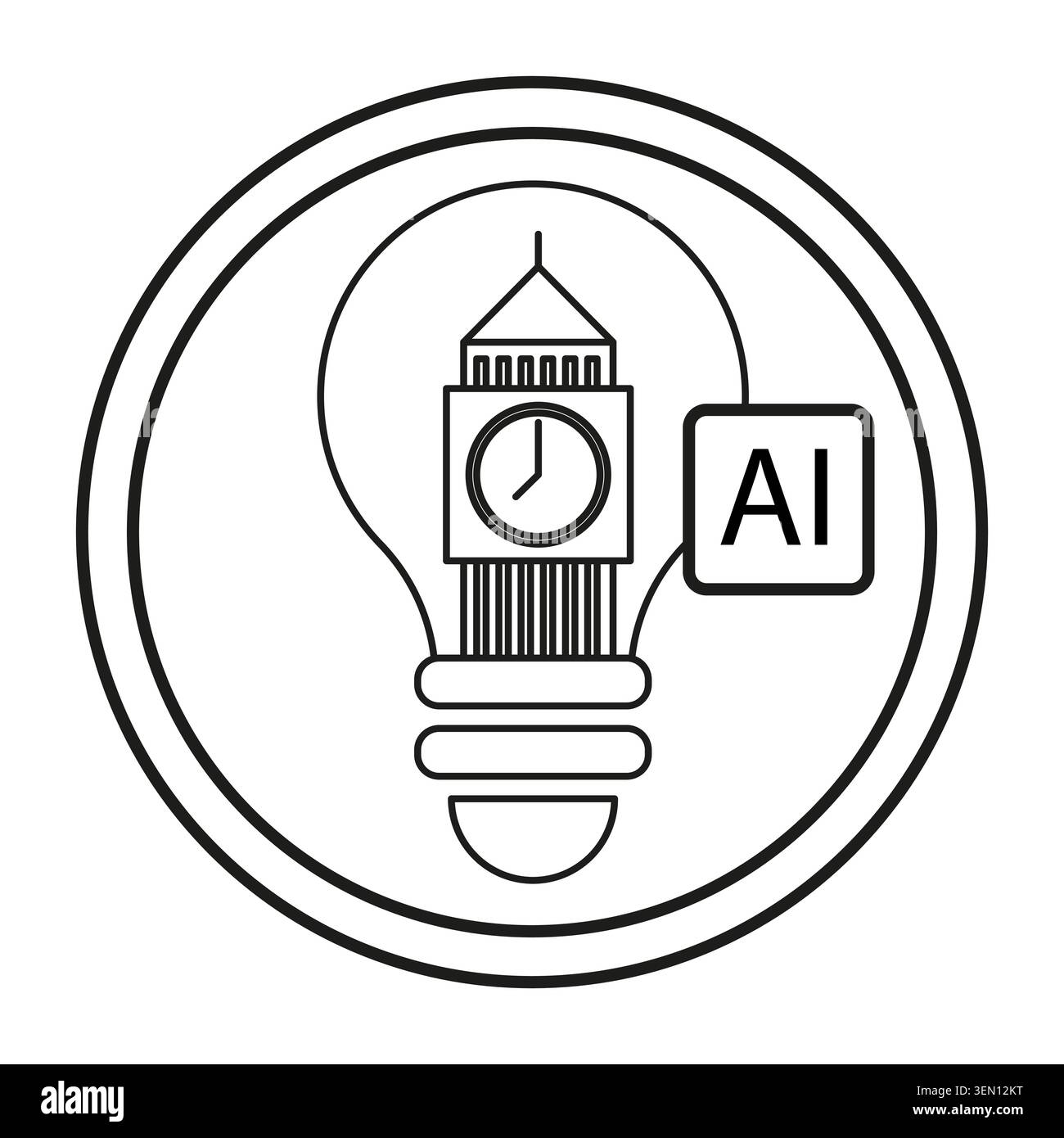 AI icon combines lightbulb with London clock tower. Innovation concept symbol for smart city technology and solutions. Stock Vector