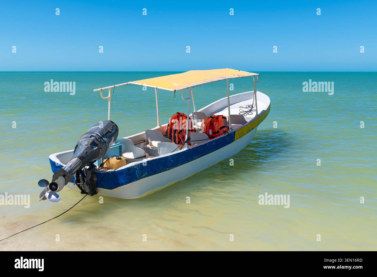 Flamingo tourboat in Gulf of Mexico, Celestun South Beach, Yucatan, Mexico. Stock Photo