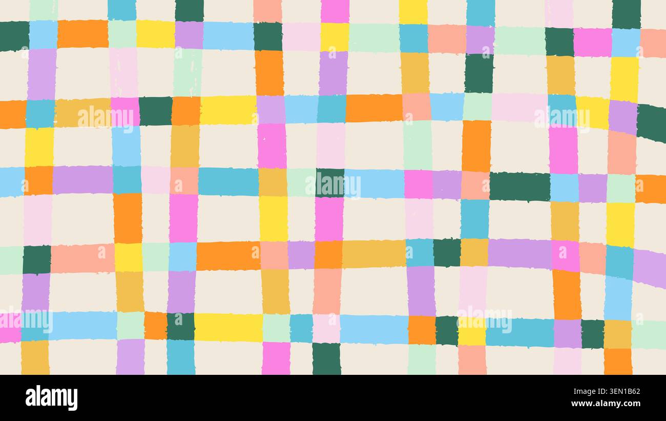 Hand-drawn colorful checkered grid pattern on beige background Stock Vector
