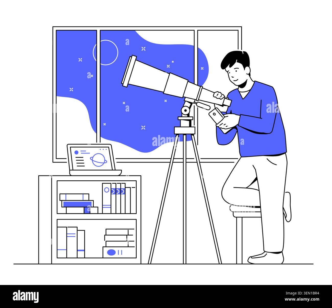 Night Sky Observation - Line Design Illustration Stock Vector