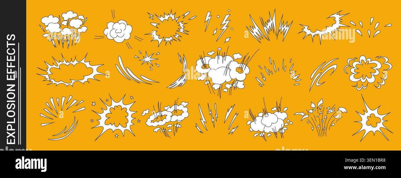 Explosive doodle comic action scene featuring dynamic burst effect vector illustration set. Stock Vector