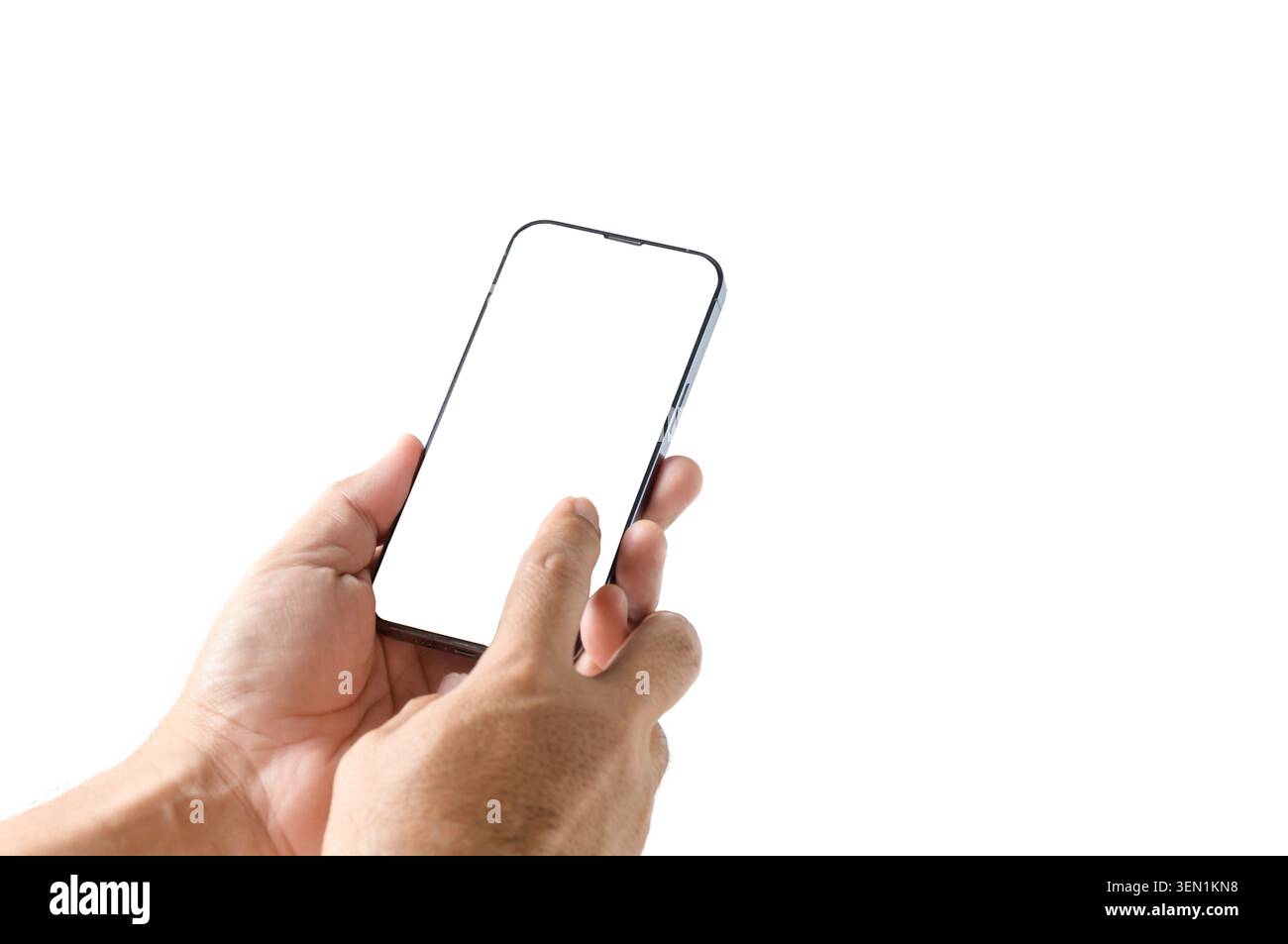 Close-up of hands holding and interacting with a modern smartphone featuring a blank white screen. Isolated on a white background with ample copy spac Stock Photo