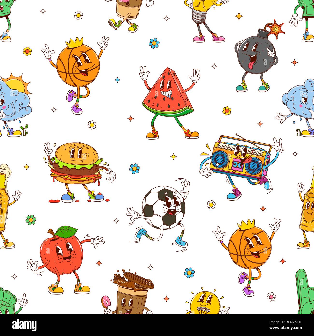 Funky groovy funny characters pattern background Stock Vector