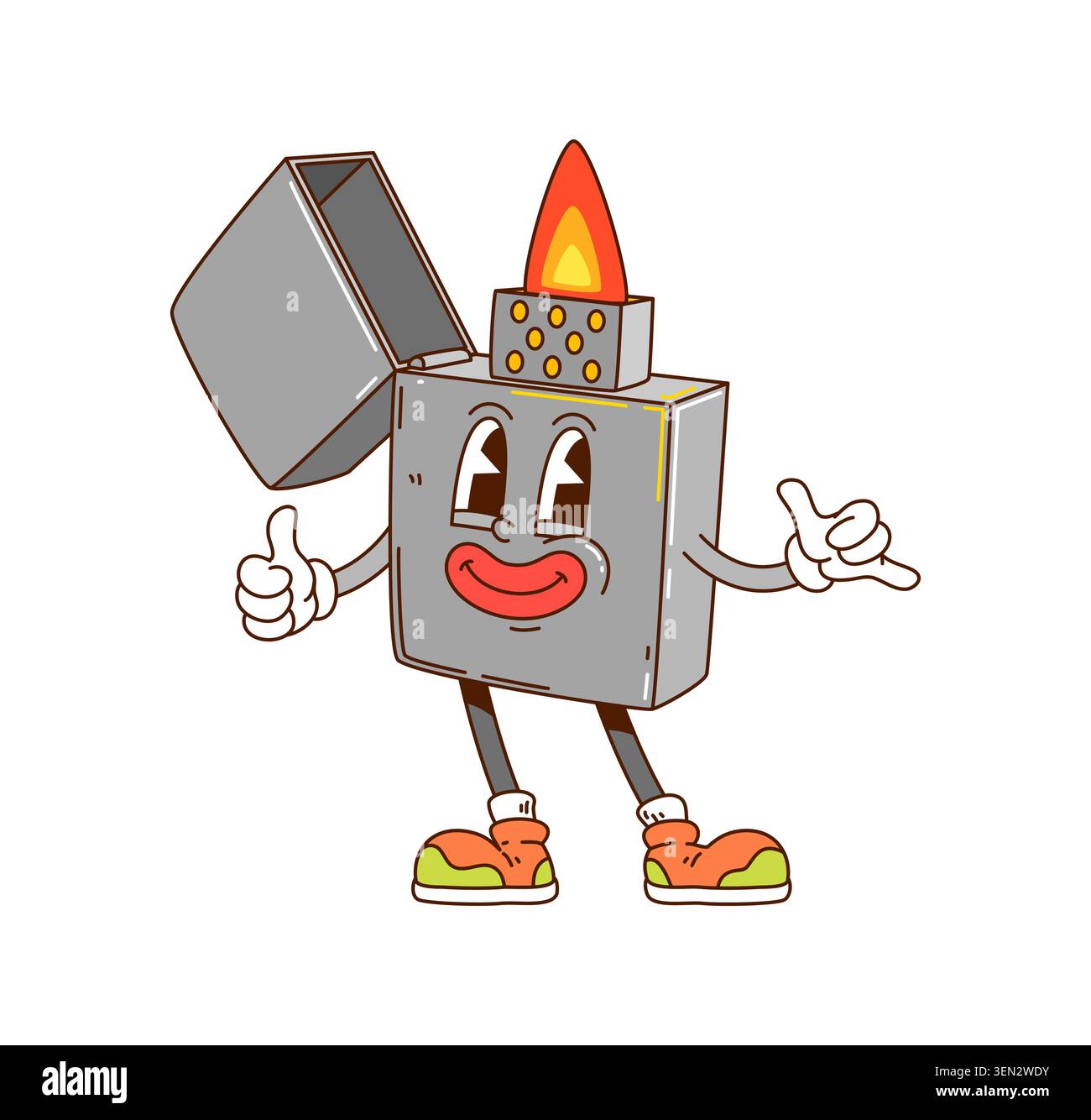 Cartoon groovy lighter character with fire flame Stock Vector