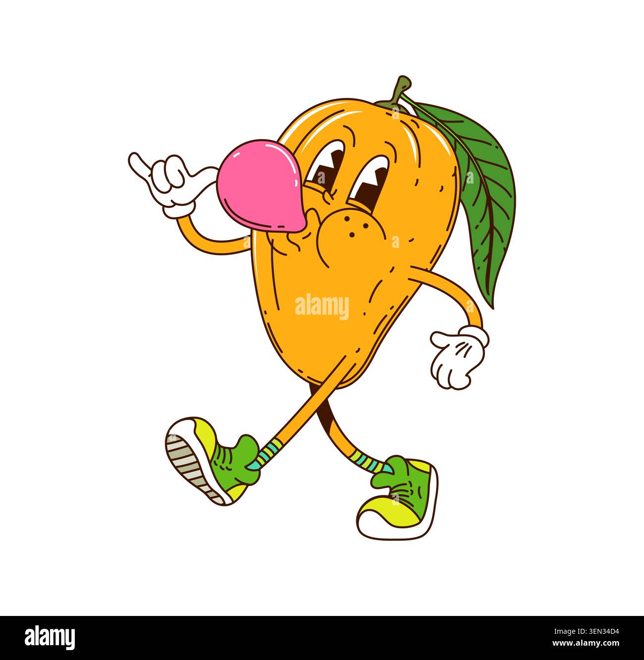 Cartoon groovy mango fruit blowing a bubble gum Stock Vector