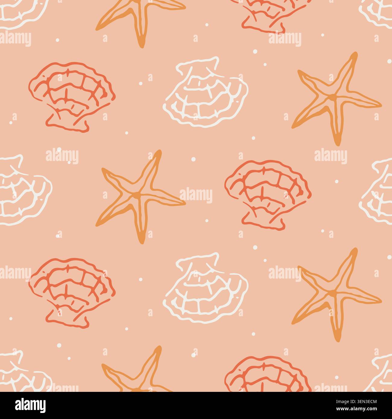 Coastal seamless pattern with starfish, seashells Stock Vector