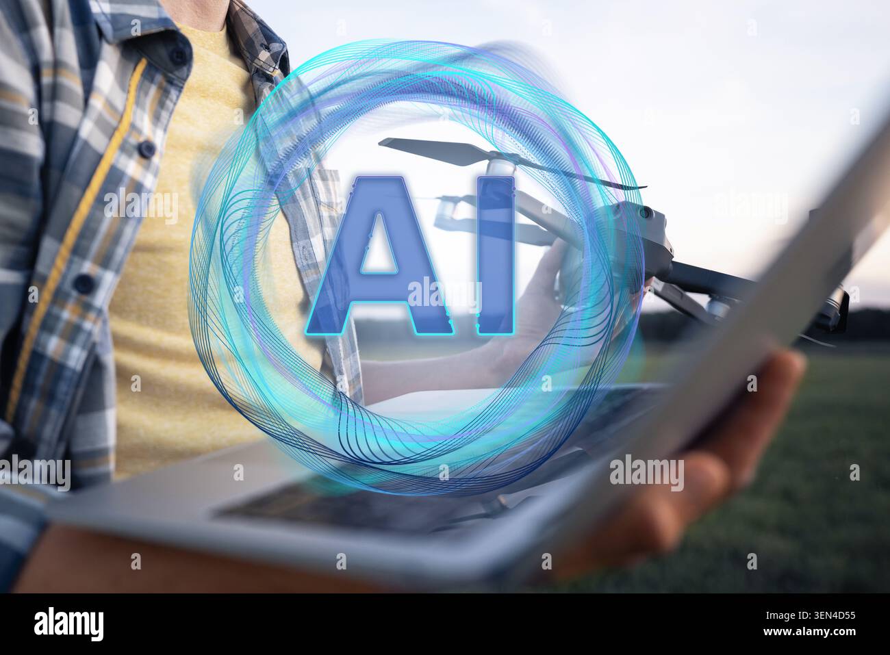 Farmer uses Artificial Intelligence for data analysing. Smart farming concept. Stock Photo