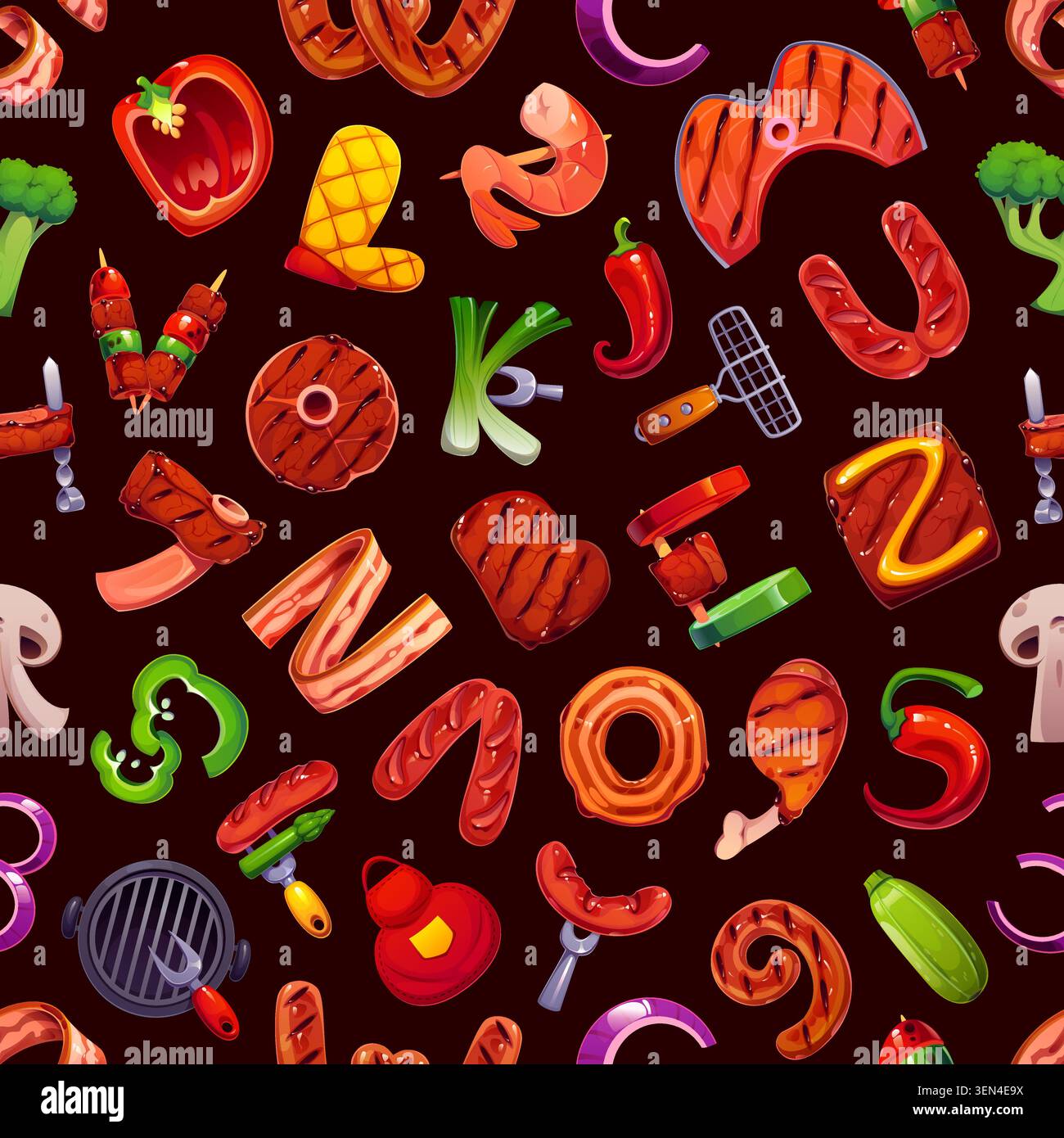 Barbecue font, BBQ letters seamless pattern Stock Vector