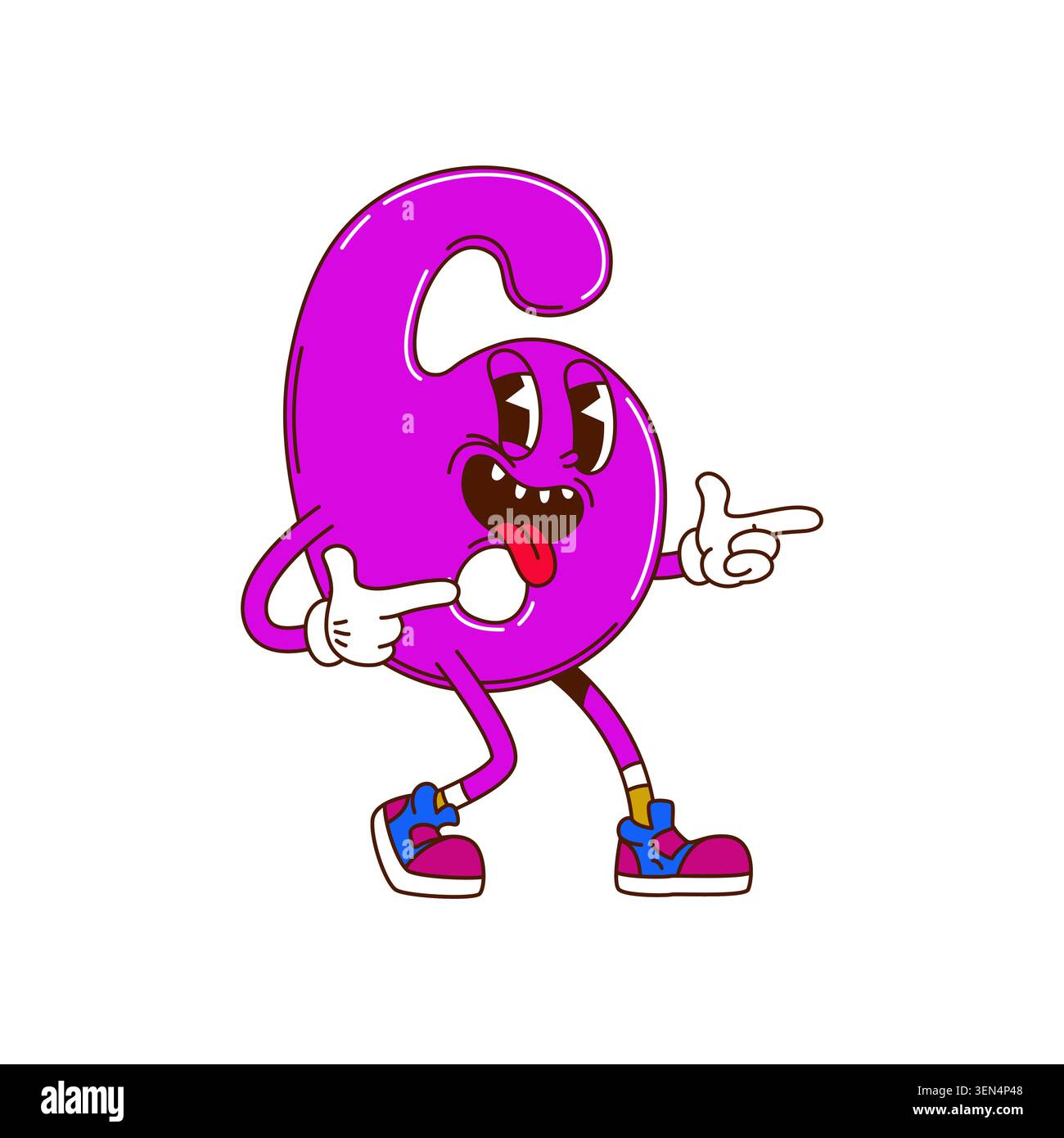 Math number six groovy cartoon character Stock Vector