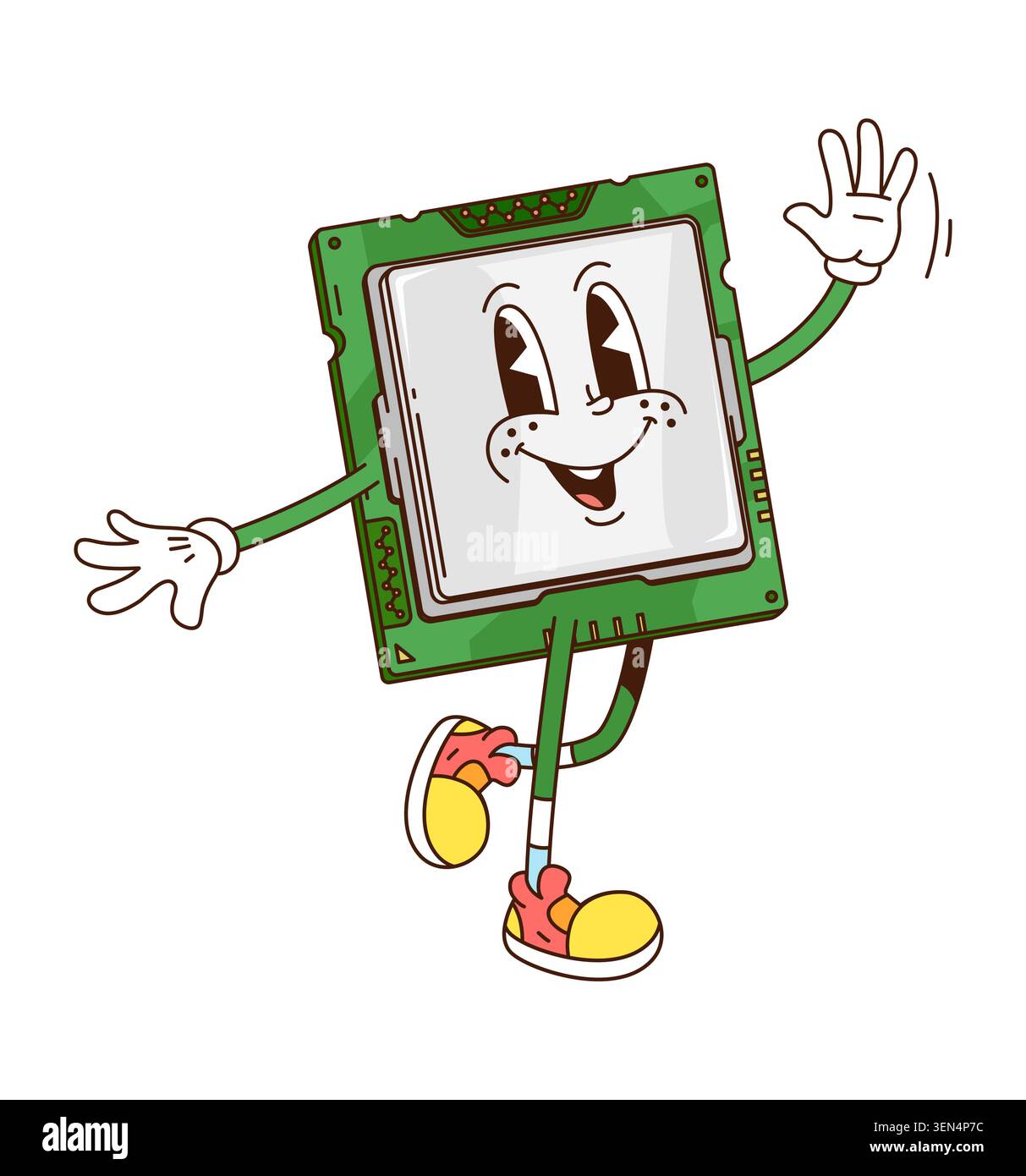 Cartoon groovy computer chip processor character Stock Vector