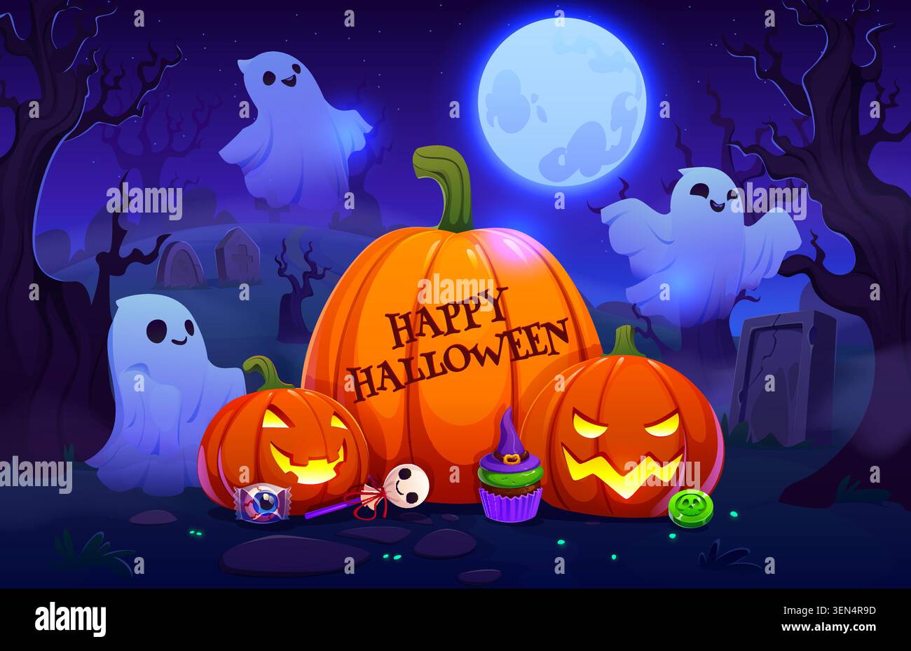 Halloween graveyard cemetery, funny white ghosts Stock Vector