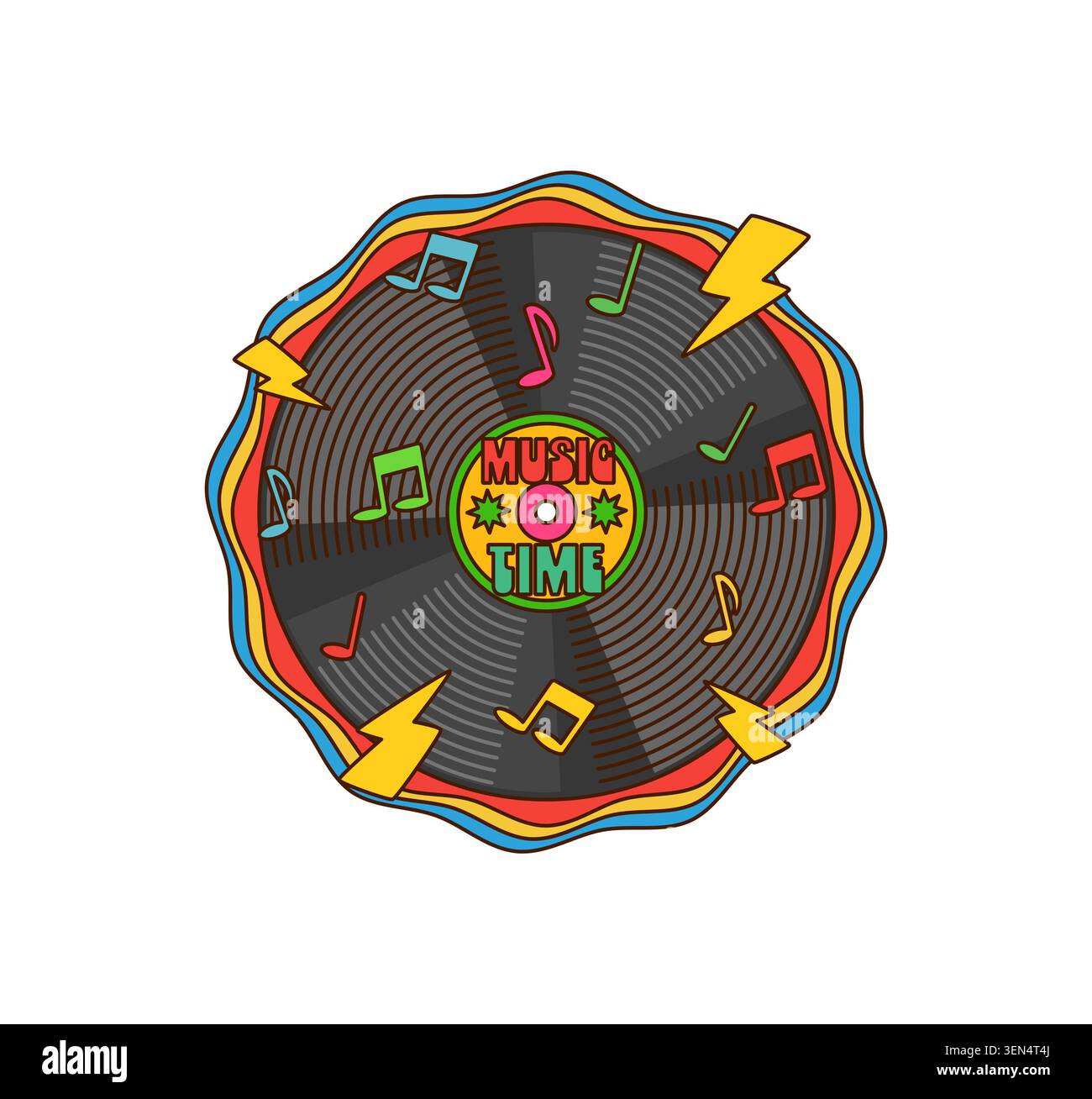 Cartoon groovy music vinyl record with notes Stock Vector