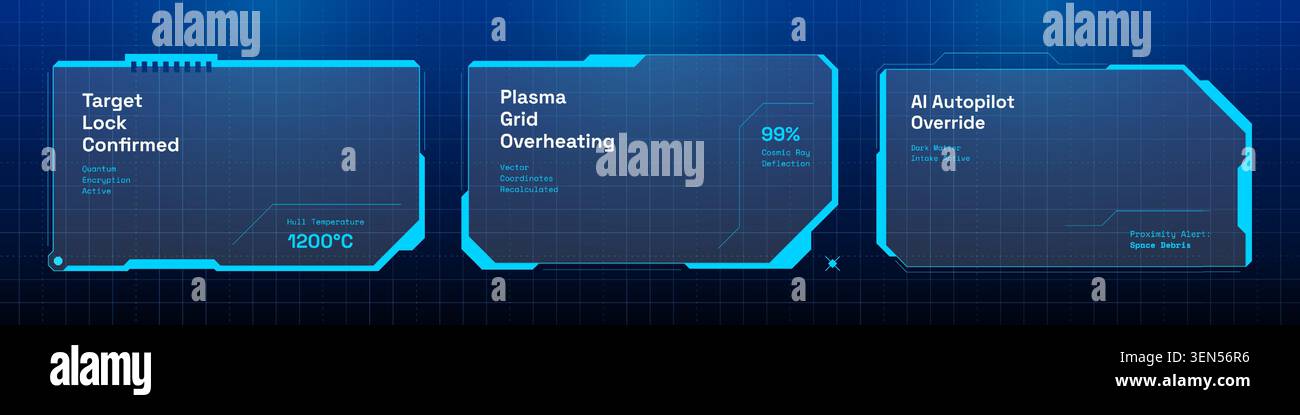 Cyberpunk HUD game interface frame template. Neon blue futuristic digital screen border panel vector. Interactive sci fi dashboard radar data display tech background graphic. Stock Vector