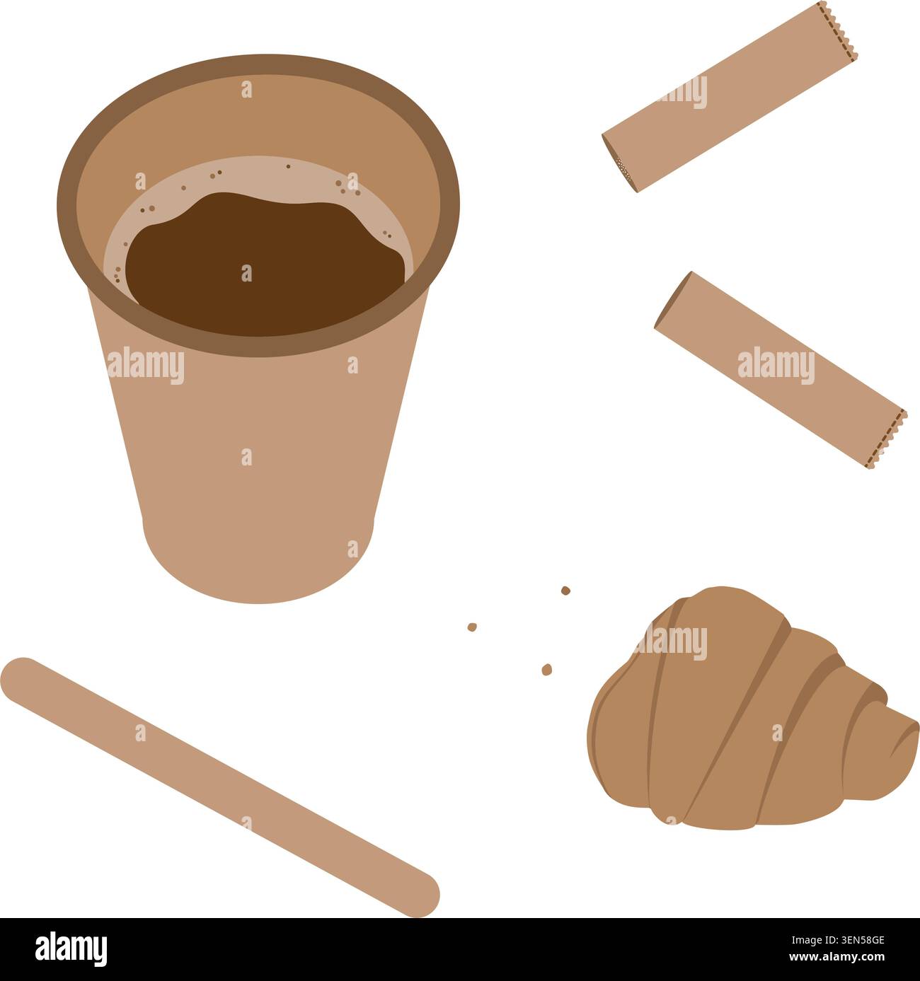 Disposable paper cup with coffee, bitten croissant, crumbles and stirring and sugar stick Coffee Set. Isolated Vector illustration Sticker Icon Coffee or breakfast Related content Menu card, price tag Stock Vector
