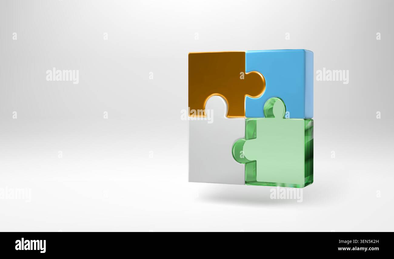 Four puzzle pieces connected into square. 3d jigsaw vector render, business team joined together concept. Leisure realistic game, teamwork strategy Stock Vector