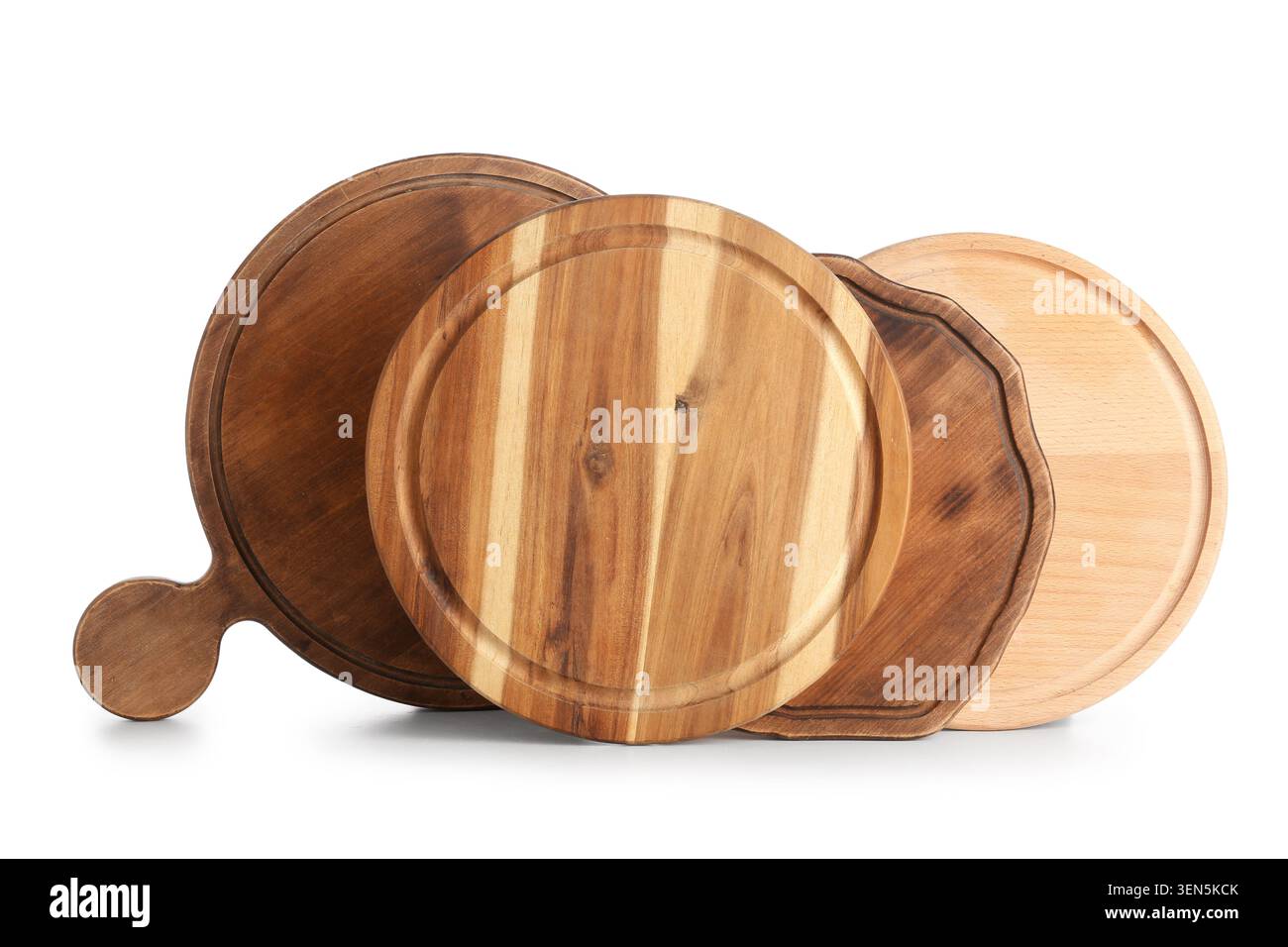 Assorted wooden pizza boards and cutting boards for kitchen and restaurant use, isolated on white background Stock Photo