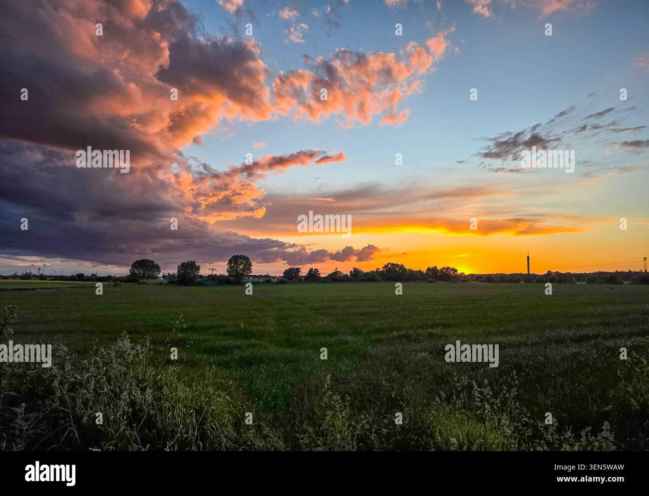 Wide rural landscape with open fields under a dramatic sunset sky. Colorful clouds are illuminated by the setting sun Stock Photo